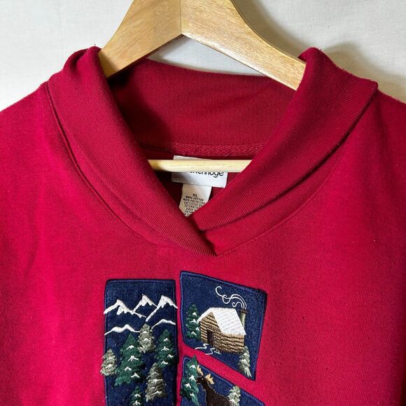 Vintage Breckenridge Deep Red Winter Cabin Scene Shawl Collar LS Sweatshirt XL - Picture 5 of 13